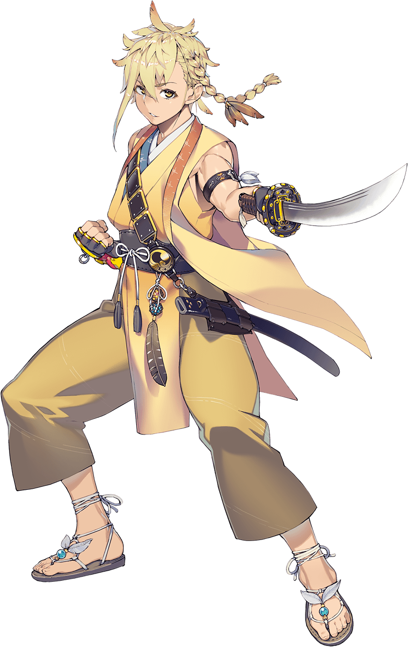 1boy black_gloves blonde_hair braid chiganemaru_(touken_ranbu) clenched_hand feathers fingerless_gloves full_body gloves hair_feathers highres japanese_clothes male_focus namaniku_atk official_art pants sandals sheath side_braid sword tassel touken_ranbu transparent_background wakizashi weapon yellow_eyes