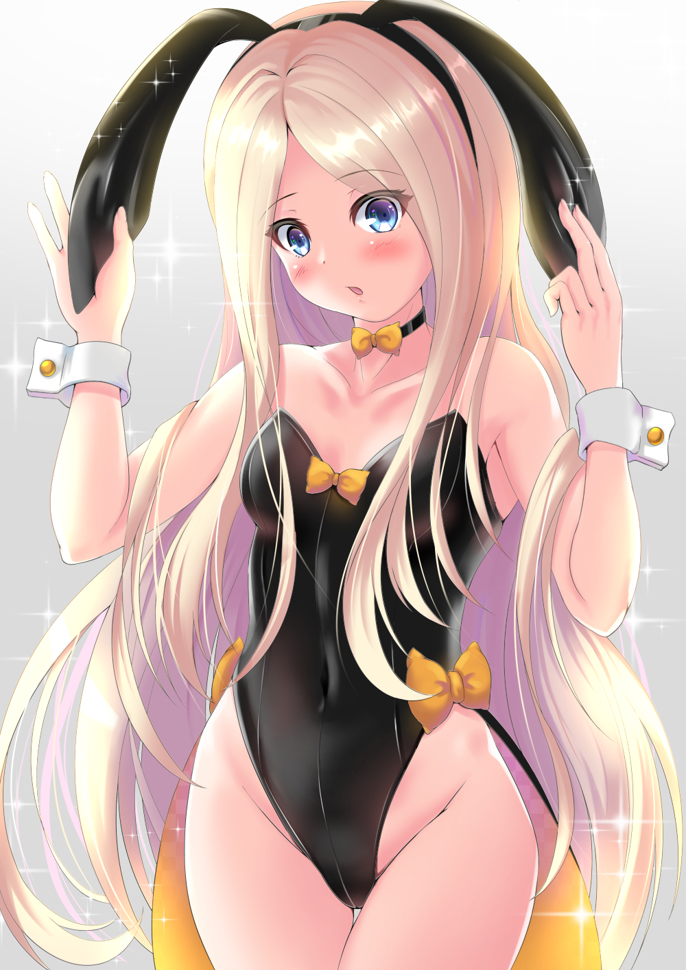 1girl abigail_williams_(fate/grand_order) animal_ears bangs black_leotard blonde_hair blue_eyes bow breasts choker coattails collarbone covered_navel fate/grand_order fate_(series) forehead gradient gradient_background highleg highleg_leotard highres koji45hiro leotard long_hair multiple_bows open_mouth orange_bow parted_bangs rabbit_ears small_breasts sparkle strapless strapless_leotard thighs wrist_cuffs