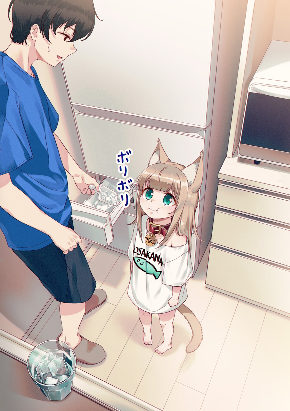 1boy 1girl 40hara animal_ear_fluff animal_ears aqua_eyes bangs barefoot black_hair blue_shirt blue_t-shirt cat_ears cat_girl cat_tail chewing cup highres ice indoors kinako_(40hara) light_brown_hair long_hair original shirt short_sleeves slippers standing t-shirt tail water white_shirt white_t-shirt