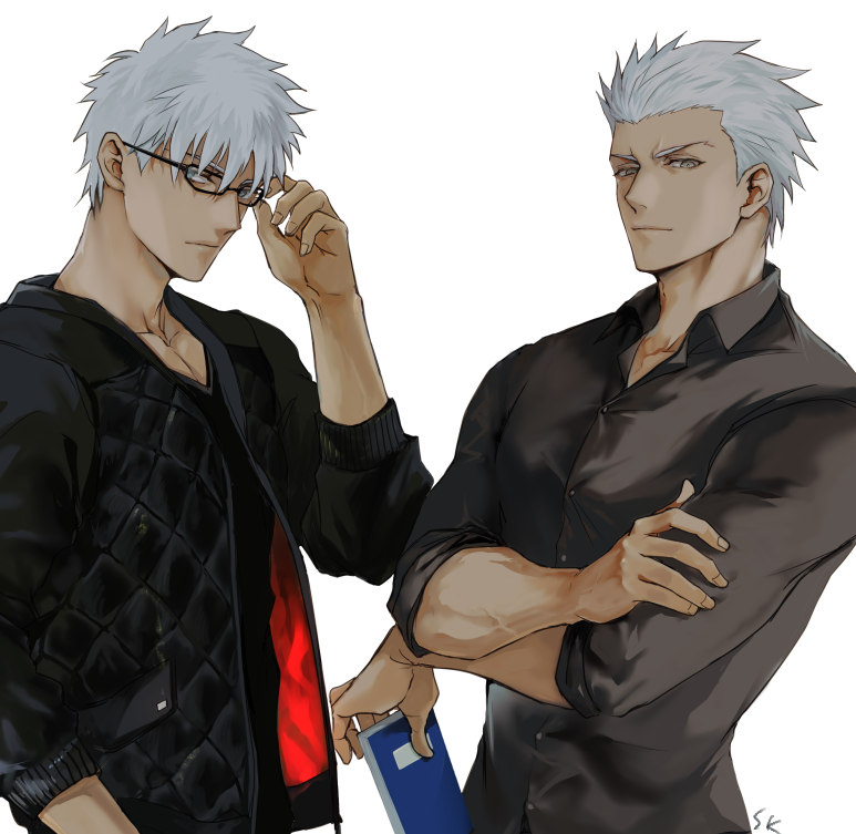 2boys adjusting_eyewear alternate_costume alternate_hairstyle archer black_shirt book coat collarbone crossed_arms dark_skin dark_skinned_male fate/grand_order fate/stay_night fate_(series) frown glasses holding holding_book looking_at_viewer makashiki_(aarni_0) multiple_boys open_clothes open_coat shirt sleeves_rolled_up toned toned_male white_background white_hair