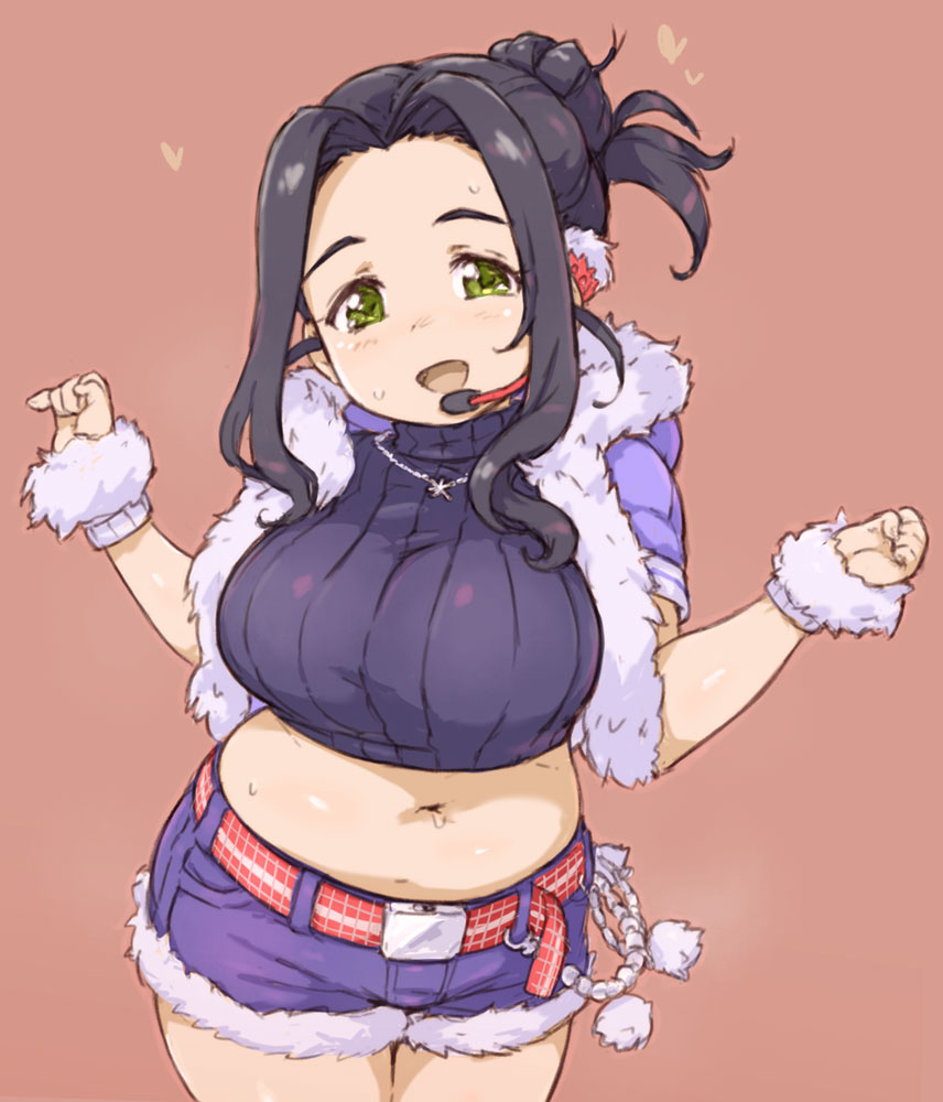 1girl belt black_hair blush breasts copyright_request cowboy_shot cropped_sweater fur-trimmed_jacket fur-trimmed_shorts fur_trim green_eyes headset jacket jewelry long_hair looking_at_viewer microphone navel necklace open_mouth randou shorts simple_background smile solo