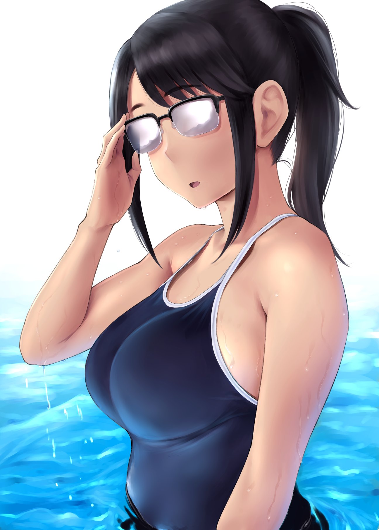 1girl adjusting_eyewear black_hair blue_swimsuit breasts commentary_request competition_school_swimsuit competition_swimsuit glasses highres houkago_teibou_nisshi large_breasts long_hair looking_at_viewer one-piece_swimsuit oono_makoto opaque_glasses parted_lips ponytail sidelocks solo swimsuit upper_body wa_(genryusui) water