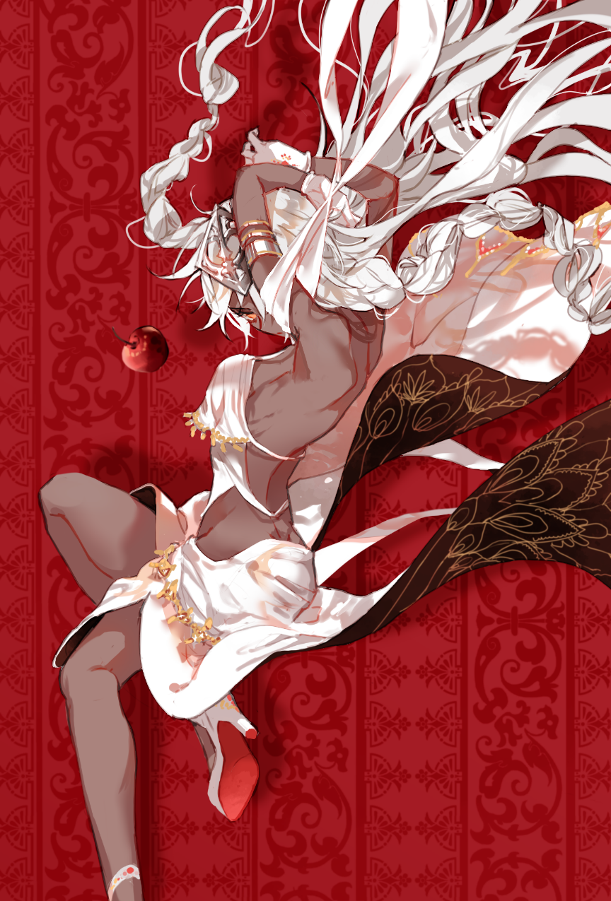1girl apple bare_back braid commentary_request dark_skin dress fate/grand_order fate_(series) food fruit headpiece high_heels highres lakshmibai_(fate/grand_order) long_hair looking_at_viewer orange_eyes queen's_dream red_background sakuramochi1003 solo twin_braids two-sided_fabric two-sided_skirt very_long_hair white_dress white_hair