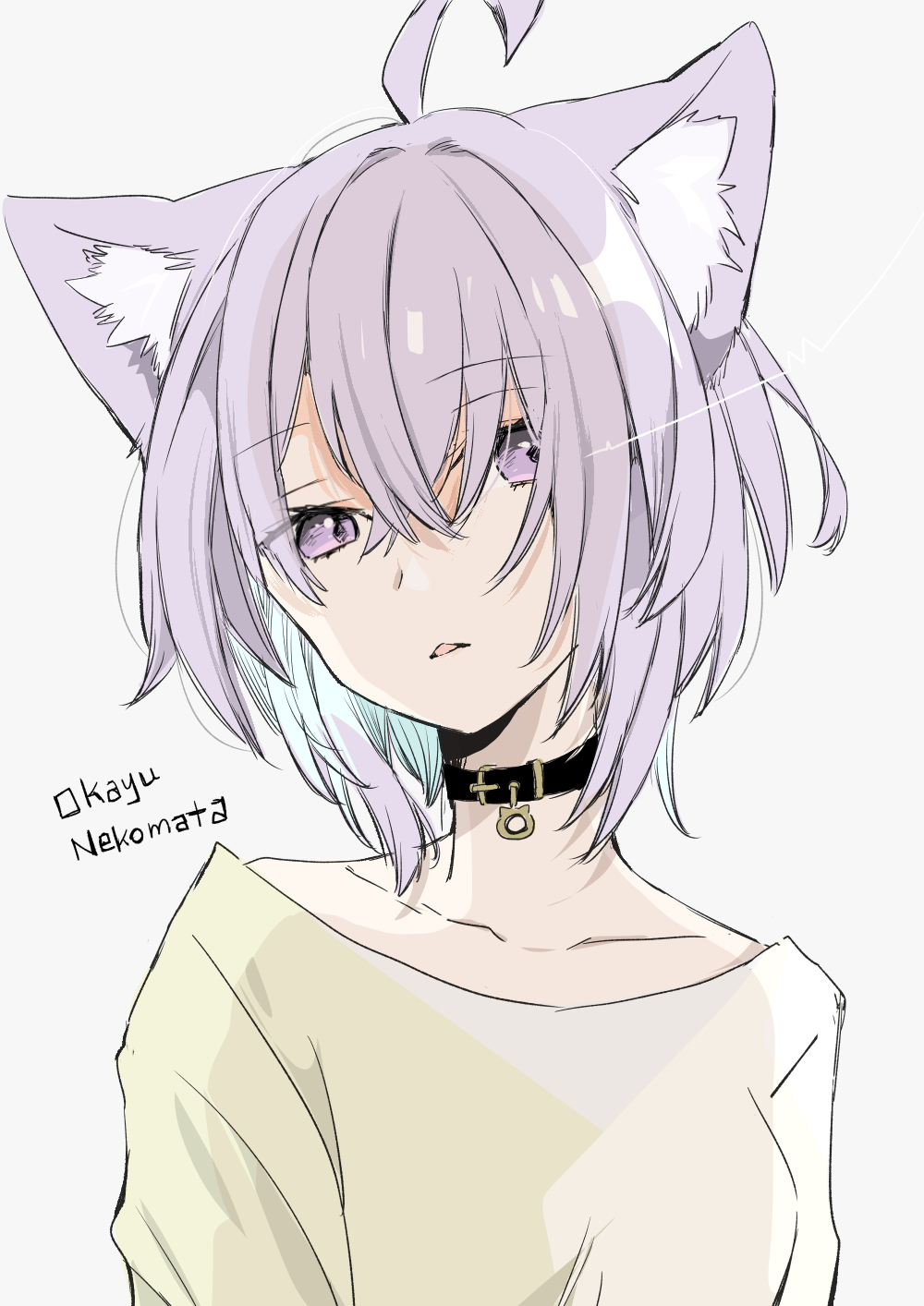 1girl ahoge animal_ear_fluff animal_ears bangs black_collar brown_shirt cat_ears character_name collar collarbone commentary_request eyebrows_visible_through_hair grey_background hair_over_one_eye highres hololive looking_at_viewer mitoko_(kuma) nekomata_okayu parted_lips purple_hair shirt simple_background solo upper_body violet_eyes virtual_youtuber