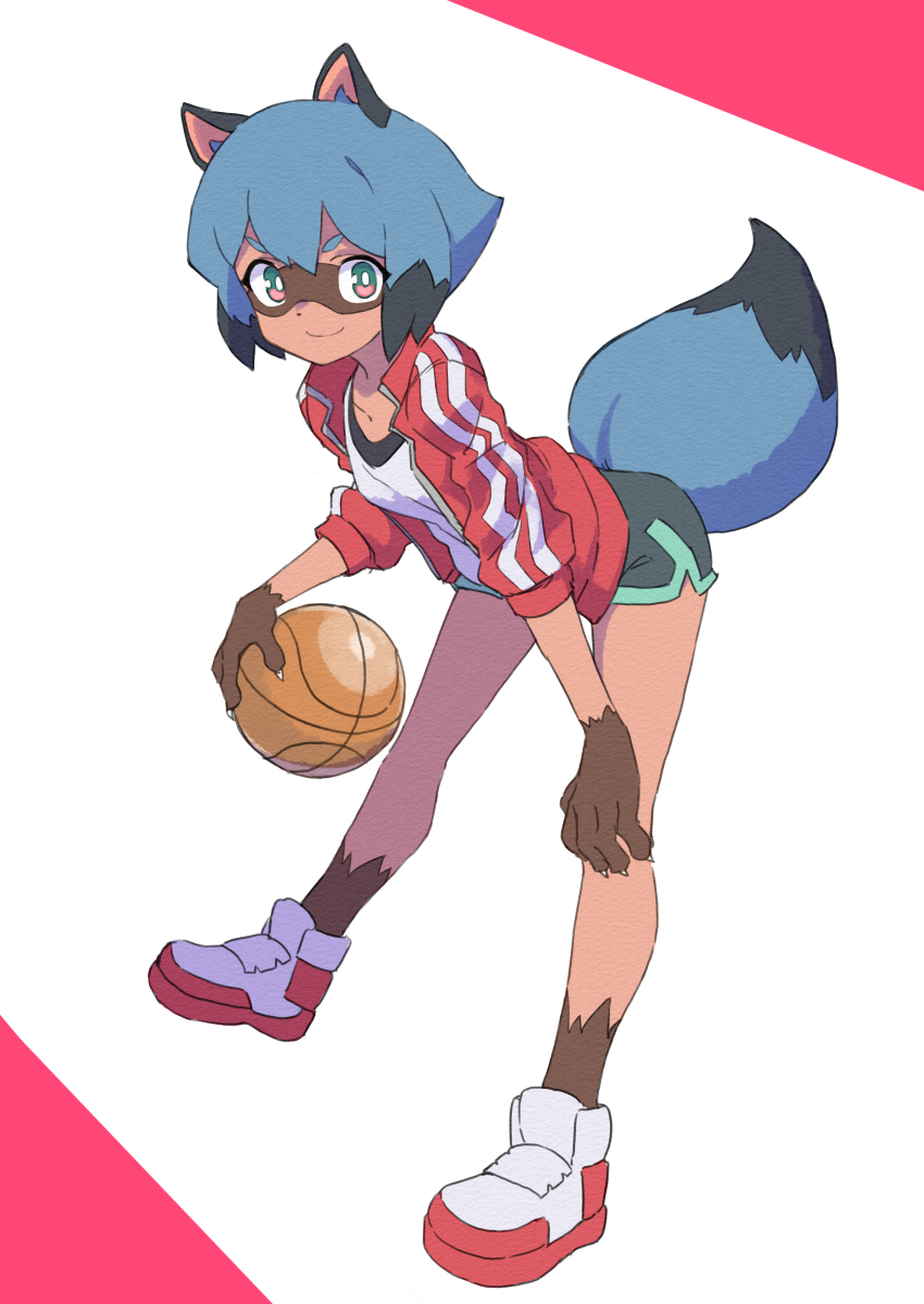 1girl animal_ears bag basketball black_shorts blue_hair brand_new_animal bright_pupils claws closed_mouth commentary dolphin_shorts double_vertical_stripe full_body gazacy_(dai) hand_on_own_knee highres holding holding_bag jacket kagemori_michiru leaning_forward long_sleeves looking_at_viewer no_socks open_clothes open_jacket raccoon_ears raccoon_girl raccoon_tail red_eyes red_jacket shirt shoes short_hair short_shorts shorts smile solo standing tail track_jacket white_background white_footwear white_pupils white_shirt