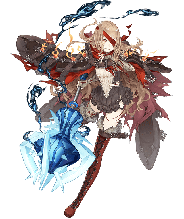 1girl bandages belt belt_buckle blonde_hair blood bloody_bandages boots buckle cloak cross-laced_footwear deep_wound eyepatch frills full_body fur_trim grin injury ji_no little_red_riding_hood_(sinoalice) looking_at_viewer mace official_art orange_eyes sinoalice smile solo thigh-highs thigh_boots torn_clothes transparent_background weapon