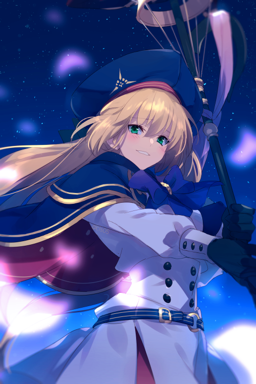 1girl artoria_pendragon_(all) artoria_pendragon_(caster) belt black_gloves blonde_hair blue_belt blue_bow blue_capelet blush bow buttons capelet cis05 commentary_request dress eyebrows_visible_through_hair fate/grand_order fate_(series) floating_hair gloves green_eyes hair_between_eyes hat holding holding_staff long_hair long_sleeves looking_at_viewer multicolored_capelet parted_lips petals red_capelet smile solo staff teeth white_dress