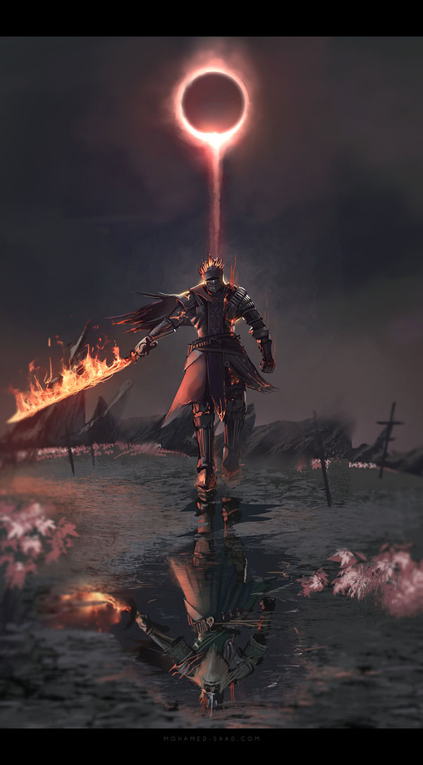 1boy 1other armor armored_boots armored_dress beard boots breastplate capelet crown dark_souls dark_souls_iii eclipse embers facial_hair facing_viewer fire flame flaming_sword flaming_weapon flower full_armor full_body gauntlets greaves gwyn_lord_of_cinder helmet holding holding_sword holding_weapon letterboxed moon outdoors outstretched_arm pauldrons planted_sword planted_weapon plate_armor puddle red_capelet reflection shoulder_armor solar_eclipse soul_of_cinder souls_(from_software) sun surcoat sword thefearmaster walking water watermark weapon web_address