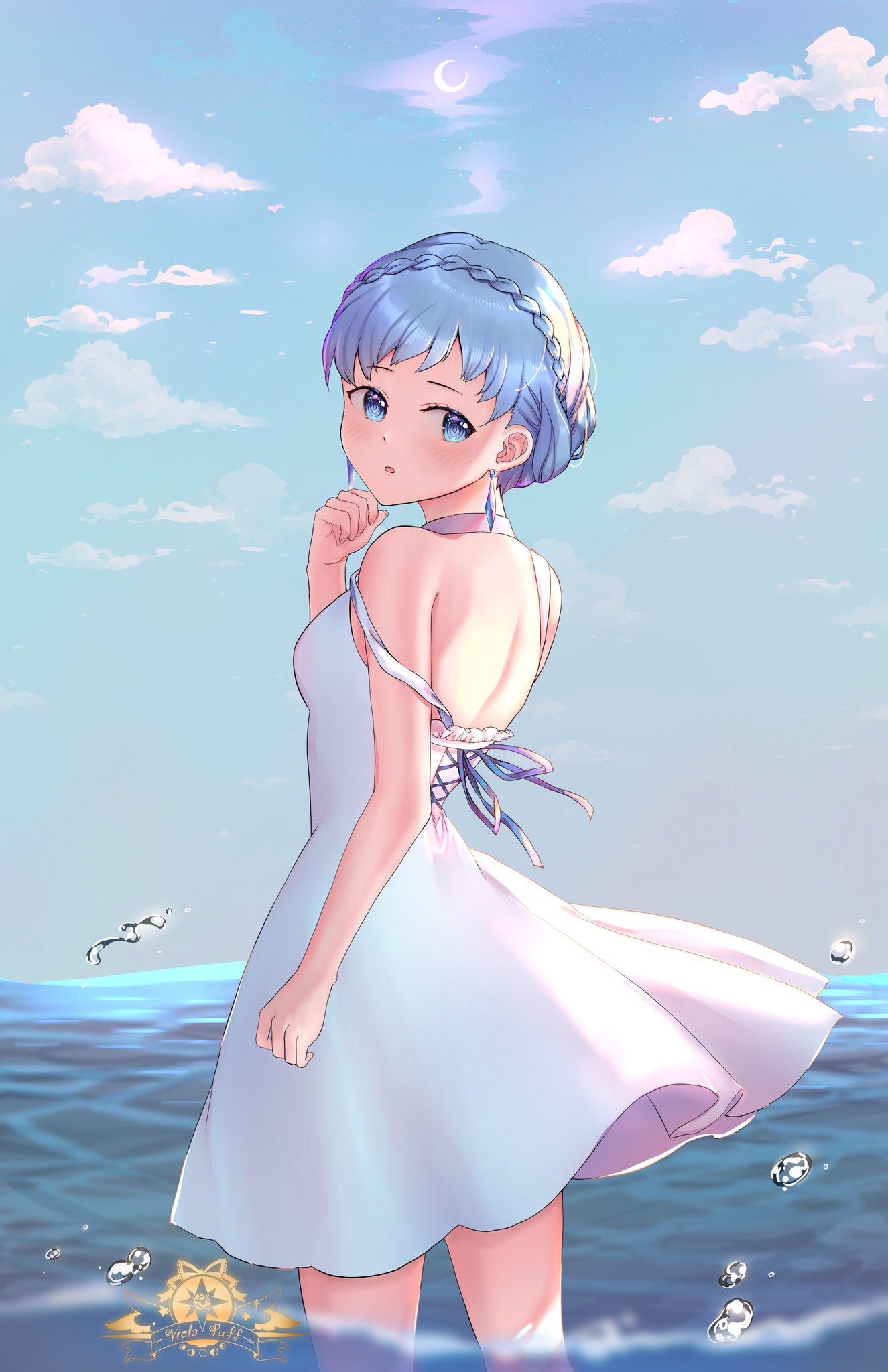 1girl blue_eyes blue_hair blue_sky braid clouds crown_braid day dress fire_emblem fire_emblem:_three_houses from_side highres looking_back marianne_von_edmund outdoors sky solo tcong wading water white_dress
