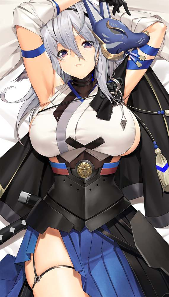 1girl animal_ears armpits arms_behind_head azur_lane bangs bed_sheet black_gloves breasts closed_mouth detached_sleeves fox_ears fox_mask garter_straps gloves hair_between_eyes japanese_clothes kimono large_breasts long_hair long_sleeves looking_at_viewer lying mask mask_on_head on_back silver_hair solo thigh_strap thighs tony_guisado tosa_(azur_lane) violet_eyes wide_sleeves