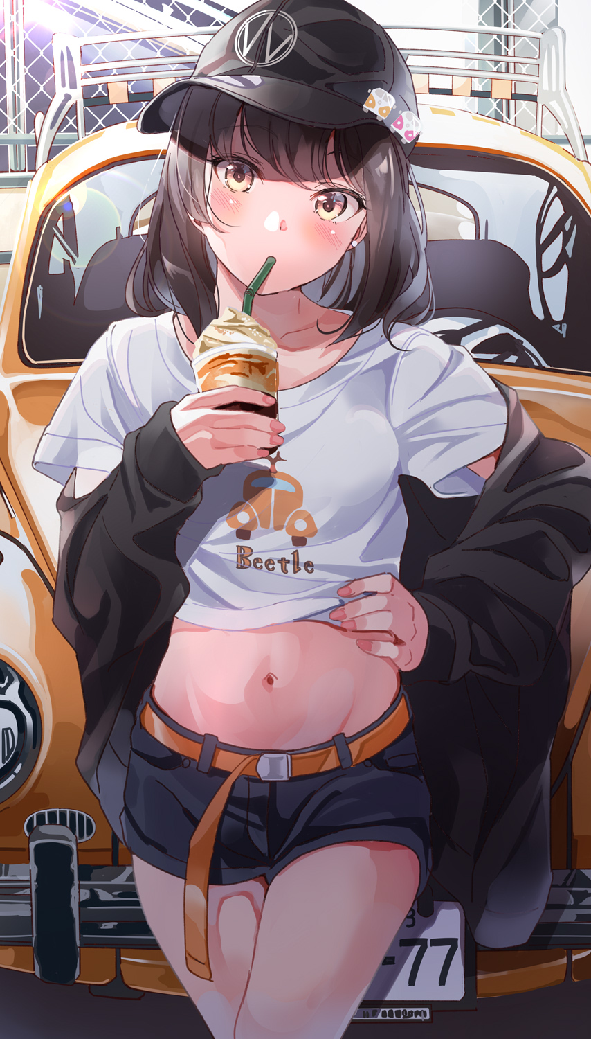1girl baseball_cap belt black_headwear black_jacket black_shorts blush brown_eyes brown_hair car collarbone commentary_request cowboy_shot crop_top cup drinking groin ground_vehicle hand_on_hip hat hat_removed head_tilt headwear_removed highres holding holding_cup jacket long_sleeves looking_at_viewer midriff motor_vehicle navel off_shoulder open_clothes open_jacket original shirt short_hair short_shorts shorts solo stomach thighs tipii volkswagen volkswagen_beetle white_shirt