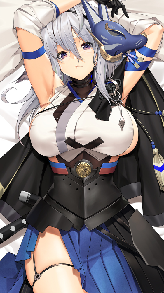 1girl animal_ears armpits arms_behind_head azur_lane bad_link bangs bed_sheet black_gloves breasts closed_mouth detached_sleeves fox_ears fox_mask garter_straps gloves hair_between_eyes japanese_clothes kimono large_breasts long_hair long_sleeves looking_at_viewer lying mask mask_on_head on_back silver_hair solo thigh_strap thighs tony_guisado tosa_(azur_lane) violet_eyes wide_sleeves