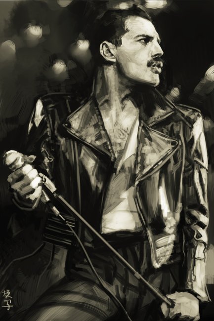 1girl black_hair chest_hair collarbone cropped_jacket denim facial_hair freddie_mercury greyscale hankuri holding holding_microphone holding_microphone_stand jacket jeans long_sleeves male_focus microphone microphone_stand monochrome muscle music mustache open_clothes open_jacket open_mouth pants pose queen_(band) real_life realistic shirt singing solo standing