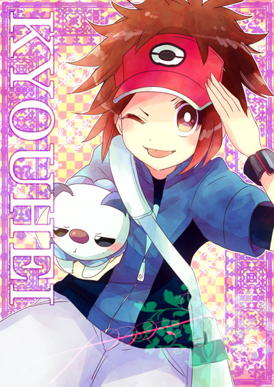 1boy ;p bag blue_jacket blush brown_eyes brown_hair commentary_request gen_5_pokemon holding holding_pokemon jacket kokoroko kyouhei_(pokemon) looking_at_viewer one_eye_closed open_mouth oshawott pokemon pokemon_(creature) pokemon_(game) pokemon_bw2 pout red_headwear salute short_sleeves shoulder_bag spiky_hair starter_pokemon tongue tongue_out visor_cap zipper_pull_tab
