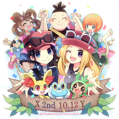 2girls 3boys :&gt; :d black_hair blonde_hair blue_eyes brown_hair calme_(pokemon) chespin closed_mouth commentary_request confetti copyright_name eyewear_on_headwear fennekin froakie gen_6_pokemon hat kokoroko leaf lowres multiple_boys multiple_girls open_mouth orange_hair pink_headwear pokemon pokemon_(creature) pokemon_(game) pokemon_xy sana_(pokemon) serena_(pokemon) smile starter_pokemon starter_pokemon_trio sunglasses tierno_(pokemon) tongue toroba_(pokemon) violet_eyes watermark