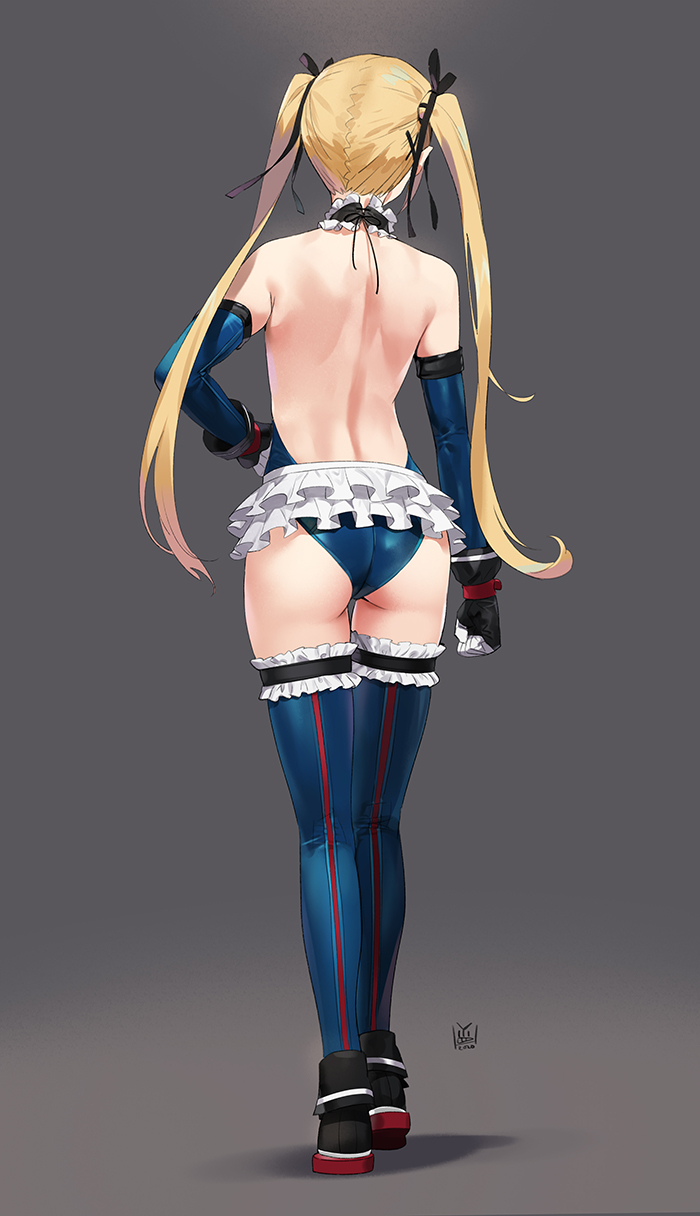 1girl ass back backless_outfit bangs bare_shoulders black_ribbon blonde_hair blue_legwear blue_leotard breasts dead_or_alive dead_or_alive_5 elbow_gloves from_behind full_body gloves grey_background hair_ribbon highres legs leotard long_hair marie_rose ribbon simple_background small_breasts thighs twintails yang-do