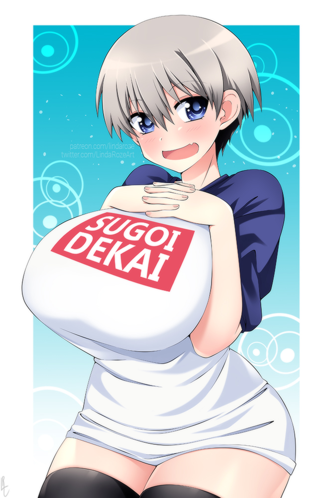 1girl :d bangs black_legwear blue_eyes blush breast_suppress breasts eyebrows_visible_through_hair fang grey_hair hair_between_eyes hands_on_own_chest interlocked_fingers large_breasts lindaroze looking_at_viewer open_mouth own_hands_together raglan_sleeves romaji_text shirt short_hair simple_background skin_fang smile solo sugoi_dekai t-shirt thigh-highs uzaki-chan_wa_asobitai! uzaki_hana