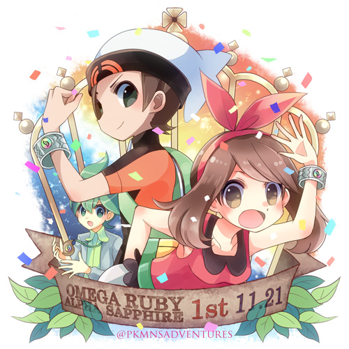 1girl 2boys arm_up blue_eyes blush bow_hairband bracelet brown_eyes brown_hair closed_mouth collarbone commentary_request confetti copyright_name green_eyes green_hair hairband haruka_(pokemon) jewelry kokoroko leaf looking_at_viewer lowres mega_stone mitsuru_(pokemon) multiple_boys open_mouth pokemon pokemon_(game) pokemon_oras red_hairband sleeveless smile tongue watermark yuuki_(pokemon)