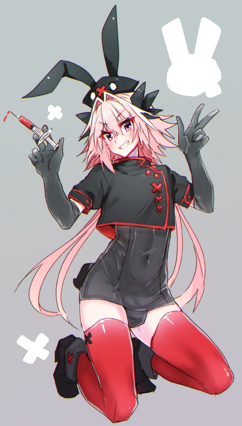 1boy animal_ears astolfo_(saber)_(fate) blush boots bunny_tail bunnysuit commentary_request covered_navel crop_top elbow_gloves eyebrows_visible_through_hair eyes_visible_through_hair fate/grand_order fate_(series) gloves grey_background hair_between_eyes haoro hat high_heel_boots high_heels highlights highres looking_at_viewer multicolored_hair nurse nurse_cap one-piece_swimsuit otoko_no_ko pink_hair rabbit_ears short_sleeves simple_background smile solo swimsuit syringe tail teeth thigh-highs two-tone_hair v violet_eyes white_hair