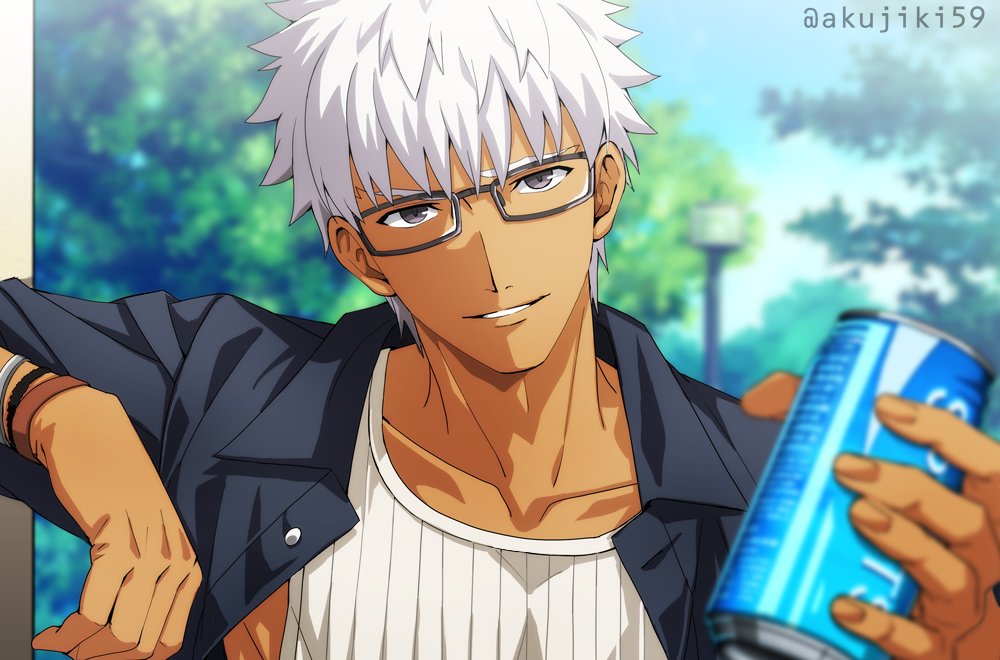 1boy akujiki59 alternate_costume alternate_hairstyle archer brown_eyes can chest close-up dark_skin dark_skinned_male fate/grand_order fate/stay_night fate_(series) glasses male_focus pectorals smile solo tank_top white_hair