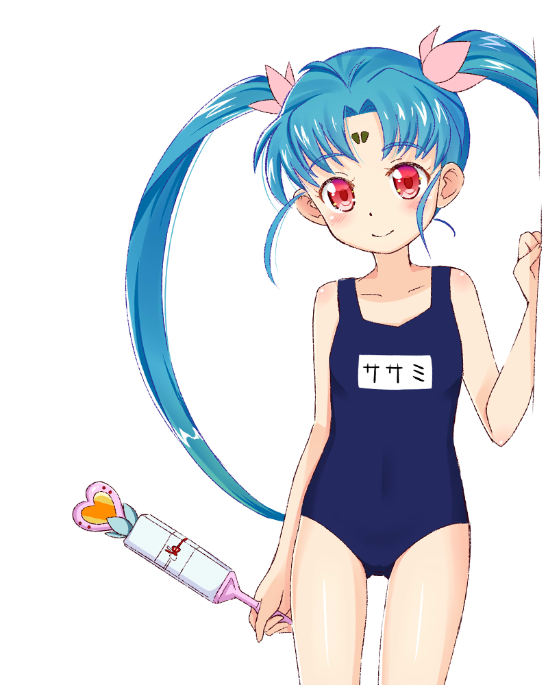 1girl aikousha_(ico-sha) ass_visible_through_thighs blue_swimsuit covered_navel facial_mark forehead_mark long_hair magical_girl masaki_sasami_jurai one-piece_swimsuit red_eyes sasami_mahou_shoujo_club school_swimsuit simple_background smile solo swimsuit tenchi_muyou! twintails very_long_hair wand white_background