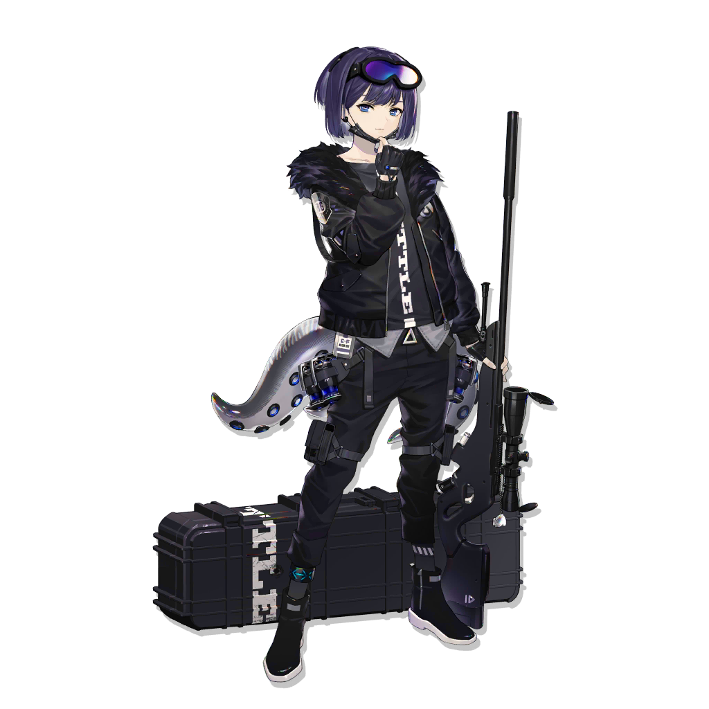 1girl andreana_(arknights) arknights bangs black_footwear black_gloves black_jacket black_pants black_shirt blue_eyes fingerless_gloves full_body fur-trimmed_jacket fur_trim gloves goggles goggles_on_head gun hand_up jacket llc long_sleeves looking_at_viewer official_art open_clothes open_jacket pants purple_hair rifle shirt shoes short_hair solo standing tentacles transparent_background weapon