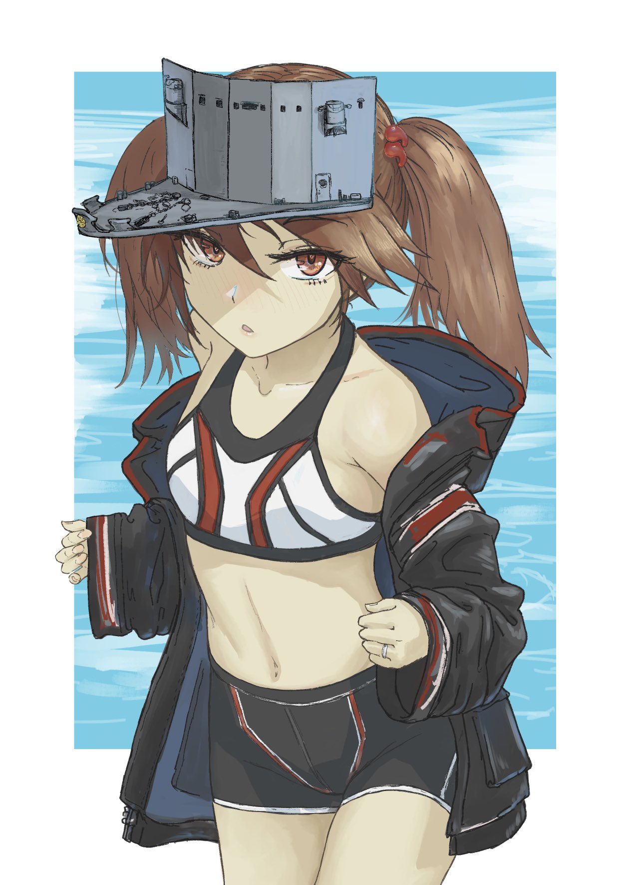 1girl alternate_costume bangs black_jacket blush brown_hair commentary_request hair_between_eyes hair_ornament hat highres hood hood_down hooded_jacket jacket kantai_collection long_hair long_sleeves magatama magatama_hair_ornament navel nito_(nshtntr) open_mouth red_eyes ryuujou_(kantai_collection) shorts simple_background solo sports_bra twintails visor_cap