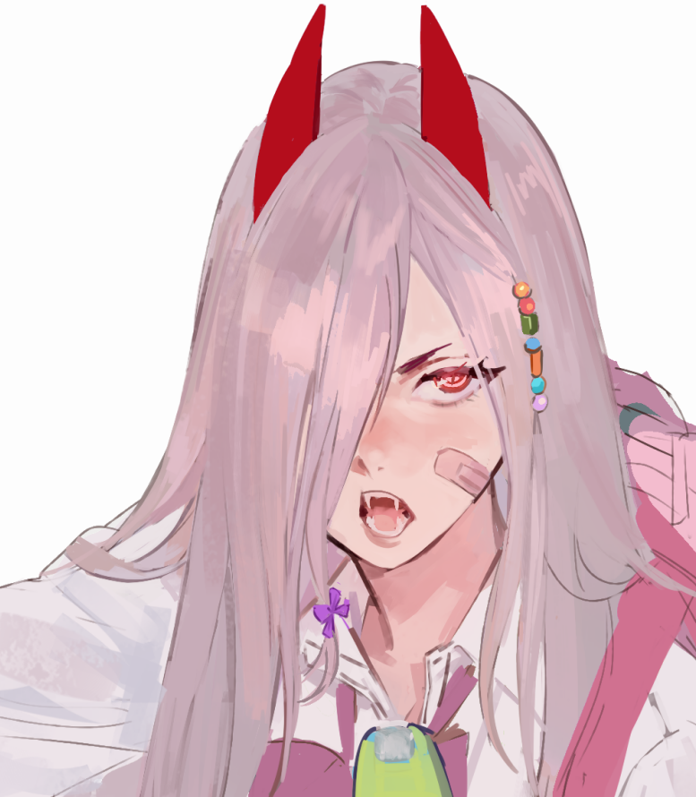1girl backpack bag bandage_on_face chainsaw_man collared_shirt crosshair_pupils demon_girl demon_horns eyes_visible_through_hair fangs hair_ornament hair_over_one_eye horns looking_at_viewer necktie open_mouth pink_hair power_(chainsaw_man) red_eyes red_horns red_neckwear school_uniform sharp_teeth shirt solo tamagotchi teeth white_background white_shirt