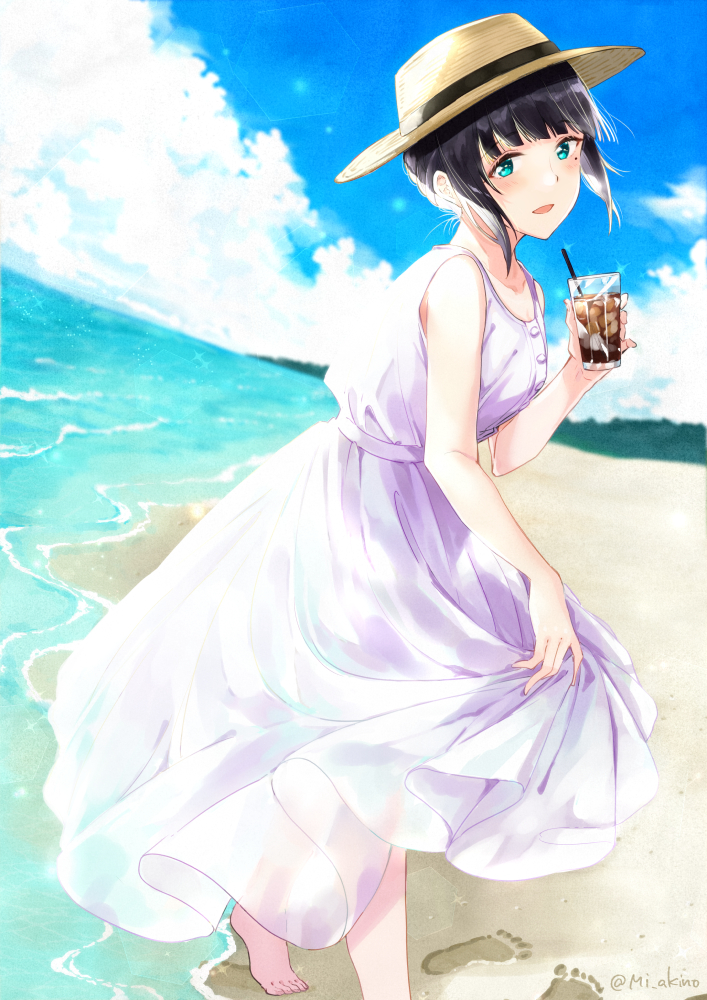 1girl bangs bare_arms bare_shoulders barefoot black_hair blue_eyes blush breasts brown_headwear coffee_wo_shizuka_ni collarbone commentary_request cup day dress drinking_glass drinking_straw eyebrows_visible_through_hair holding holding_cup ice ice_cube looking_at_viewer miyabi_akino mole mole_under_eye outdoors parted_lips see-through shizuka_(coffee_wo_shizuka_ni) short_hair sidelocks skirt_hold sleeveless sleeveless_dress small_breasts smile solo standing white_dress