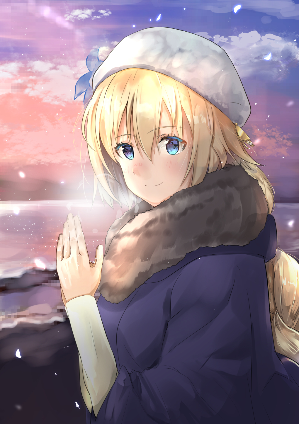 1girl bangs blonde_hair blue_coat blue_eyes closed_mouth coat eyebrows_visible_through_hair fate/apocrypha fate_(series) from_side fur_coat gorogoronemuri hair_between_eyes hat highres jeanne_d'arc_(fate) jeanne_d'arc_(fate)_(all) long_hair long_sleeves outdoors smile solo upper_body very_long_hair white_headwear winter