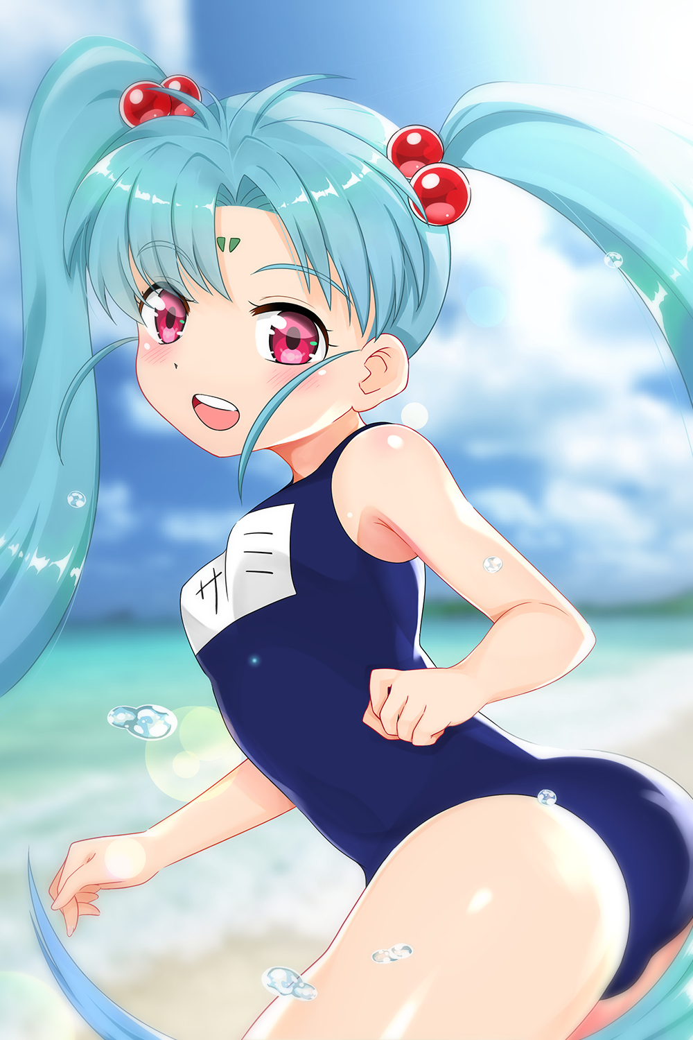 1girl aikousha_(ico-sha) ass beach blue_hair blue_swimsuit breasts clouds facial_mark forehead_mark from_behind hair_bobbles hair_ornament highres leaning_forward long_hair looking_back masaki_sasami_jurai one-piece_swimsuit open_mouth outdoors red_eyes school_swimsuit sky small_breasts smile solo swimsuit tenchi_muyou! thighs twintails very_long_hair