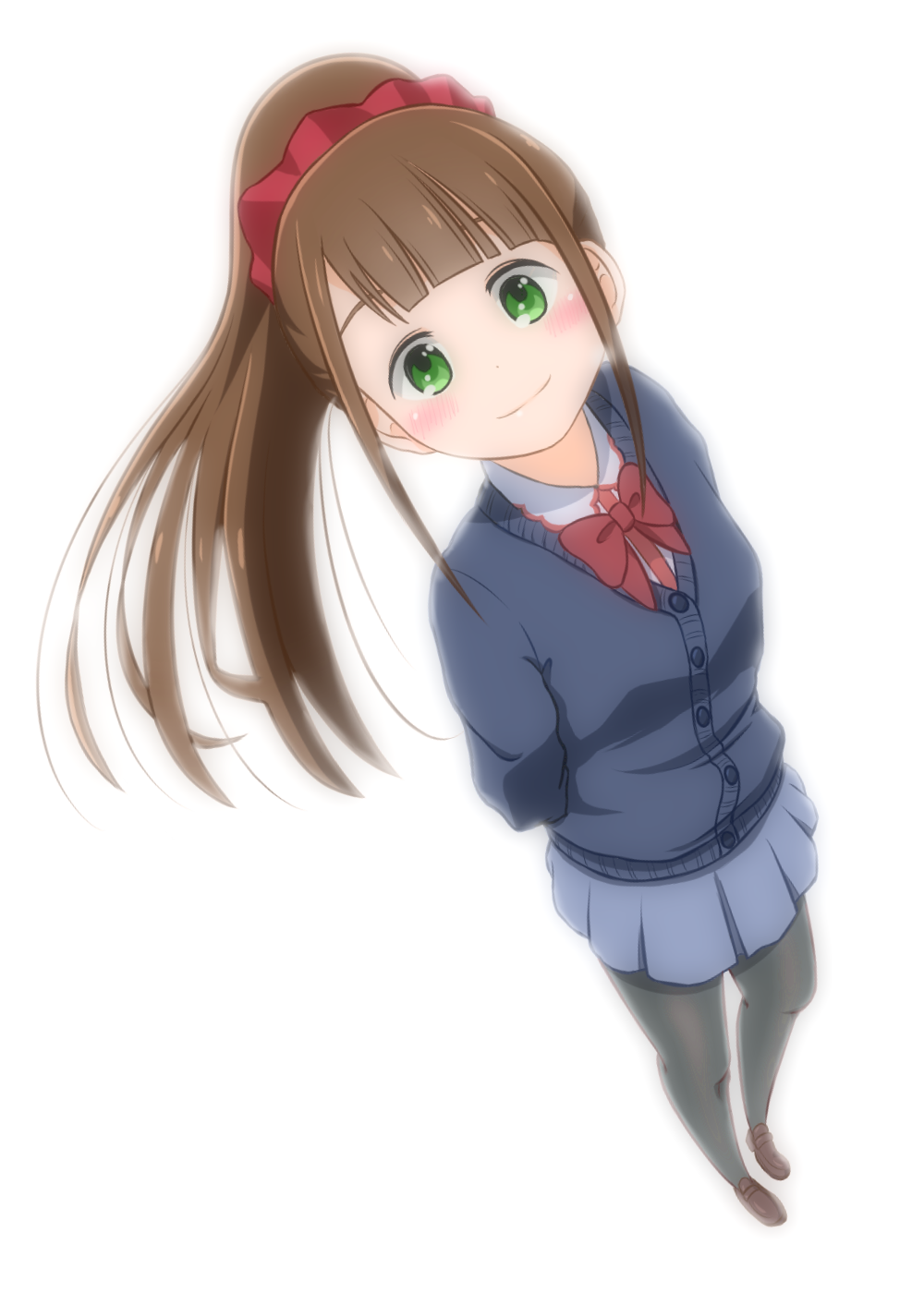 1girl arms_behind_back backlighting bangs black_legwear blue_cardigan blue_skirt blunt_bangs blush bow bowtie brown_footwear brown_hair cardigan closed_mouth collared_shirt commentary_request dot_nose full_body green_eyes hair_ornament hair_scrunchie highres hitoribocchi_no_marumaru_seikatsu honshou_aru long_hair looking_at_viewer minminnanagon pantyhose pleated_skirt ponytail red_bow red_scrunchie school_uniform scrunchie shirt shoes simple_background skirt smile solo standing white_background white_shirt