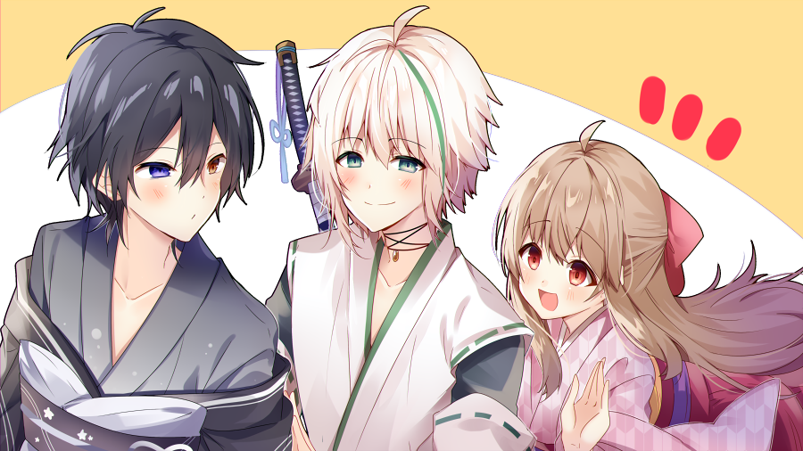 1girl 2boys :d ahoge bangs black_hair black_kimono blue_eyes blush bow brown_background brown_hair closed_mouth collarbone copyright_request eyebrows_visible_through_hair green_eyes green_hair grey_kimono hair_between_eyes hair_bow hand_up heterochromia japanese_clothes katana kimono long_hair multicolored_hair multiple_boys notice_lines omuretsu open_mouth pink_kimono red_bow red_eyes ribbon_trim smile streaked_hair sword sword_behind_back two-tone_background unmoving_pattern very_long_hair virtual_youtuber weapon weapon_on_back white_background white_hair white_kimono yagasuri