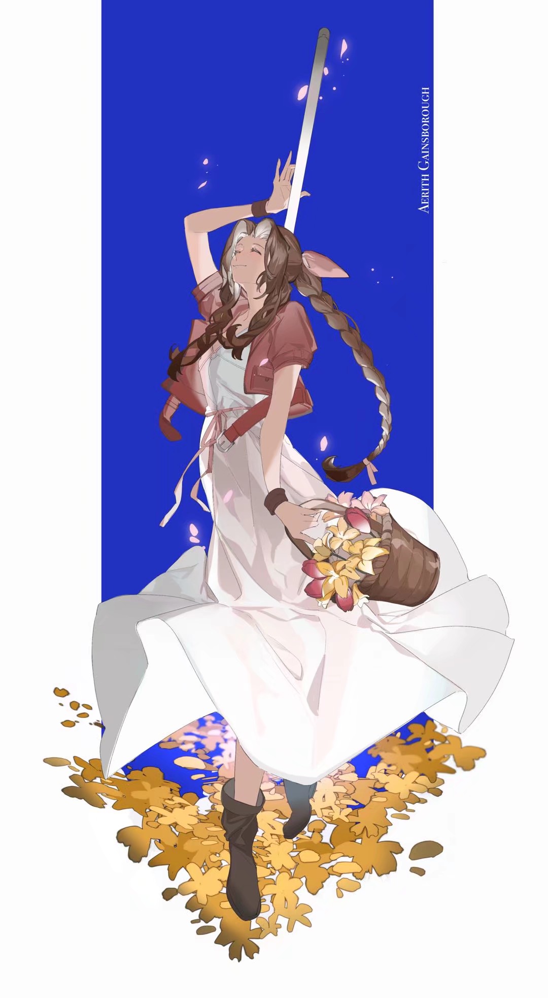 1girl aerith_gainsborough arm_up bangs blue_background boots bow braid brown_footwear brown_hair brown_jacket character_name closed_eyes closed_mouth commentary dress final_fantasy final_fantasy_vii flower frame full_body hair_bow hair_ornament highres holding jacket leaf long_hair open_clothes parted_bangs pink_bow pink_flower pink_ribbon pocket ribbon short_sleeves simple_background smile solardark09 solo white_dress wristwear yellow_flower