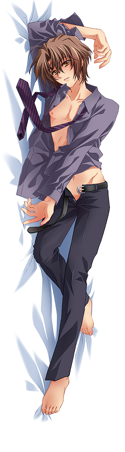 1boy barefoot belt brown_hair carnelian dakimakura feet full_body katsuragi_takuto lying male_focus messiah_(game) navel necktie nipples on_side open_clothes open_shirt parted_lips short_hair sidelocks solo striped striped_neckwear yellow_eyes