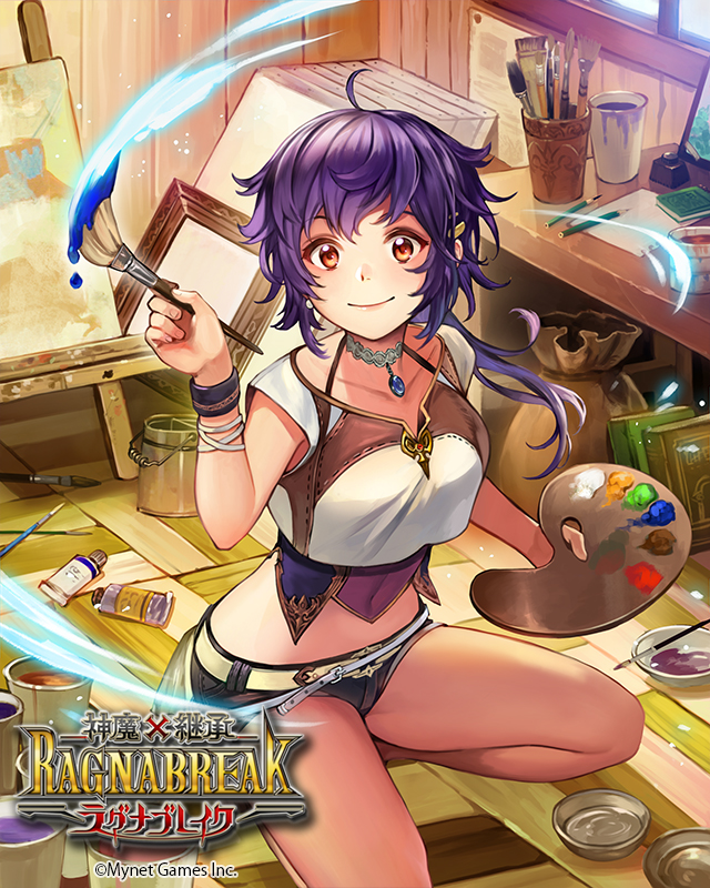 1girl ahoge black_shorts breasts choker collarbone crop_top cup halterneck holding indoors long_hair looking_at_viewer medium_breasts micro_shorts midriff official_art paintbrush palette purple_hair red_eyes sack shinma_x_keishou!_ragnabreak shirt shorts sleeveless sleeveless_shirt smile solo squatting taku_(fishdrive) thighs watermark white_shirt wristband