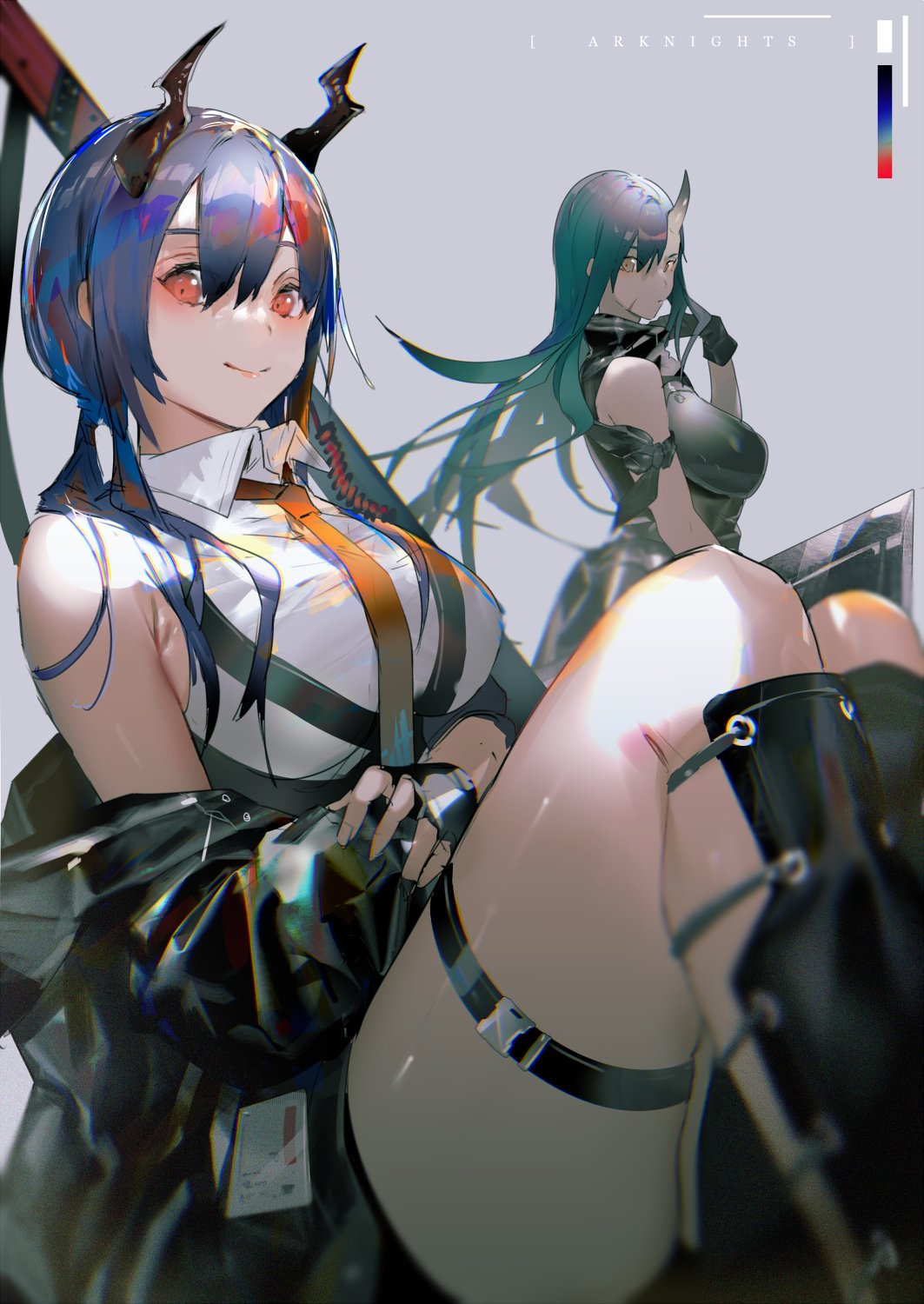 2girls arknights bangs black_jacket blue_hair breasts ch'en_(arknights) copyright_name grey_hair highres horns hoshiguma_(arknights) jacket large_breasts looking_back looking_down multiple_girls necktie shiranori single_horn thick_thighs thighs yellow_eyes yellow_neckwear
