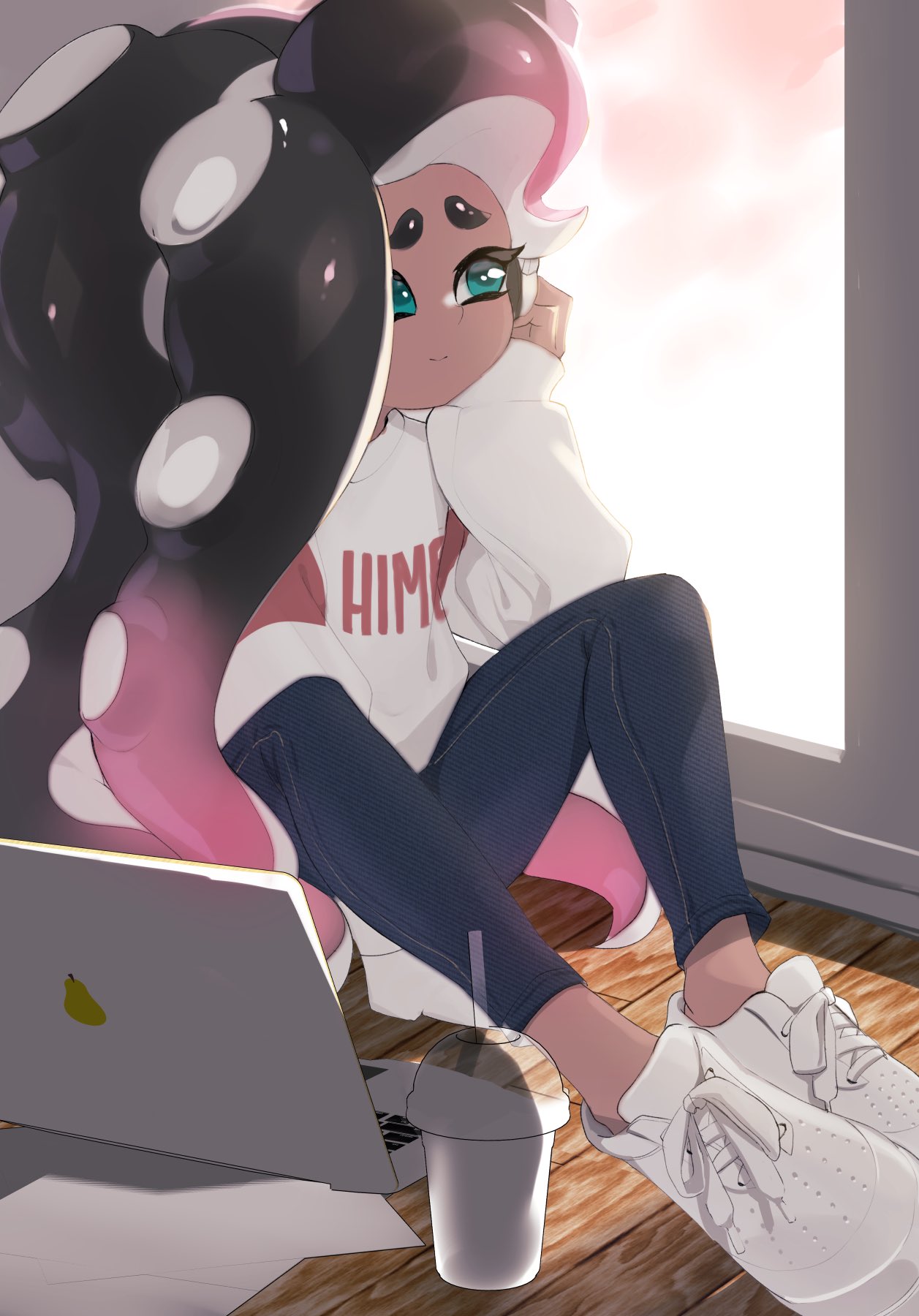 1girl backlighting black_hair black_pants casual cephalopod_eyes character_name chin_rest closed_mouth clothes_writing computer cross-laced_footwear cup dark_skin denim disposable_cup drinking_glass gradient_hair half-closed_eyes highres iida_(splatoon) indoors jeans laptop long_hair long_sleeves looking_to_the_side multicolored_hair no_socks nomu on_floor pants pink_hair shoes sitting smile sneakers solo splatoon_(series) suction_cups sweater tentacle_hair white_footwear white_sweater window wooden_floor