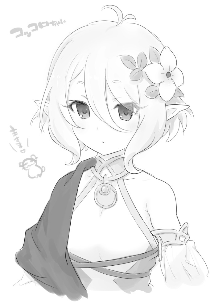 1girl antenna_hair dress flower hair_between_eyes hair_flower hair_ornament kiikii_(kitsukedokoro) kokkoro_(princess_connect!) looking_at_viewer monochrome pointy_ears princess_connect! princess_connect!_re:dive short_hair simple_background tales_of_(series) tales_of_xillia teepo_(tales) white_background