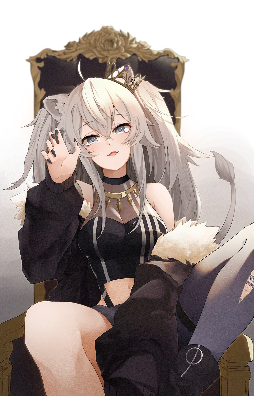 1girl ahoge animal_ears bare_shoulders black_nails blush boots breasts crop_top crown earrings eyebrows_visible_through_hair fang fur-trimmed_jacket fur_trim grey_eyes grey_hair hair_between_eyes hand_up highres hololive jacket jewelry large_breasts lion_ears lion_girl long_hair looking_at_viewer midriff mini_crown necklace open_mouth shirt shishiro_botan single_leg_pantyhose solo spread_legs throne toto_(kuro_toto) virtual_youtuber