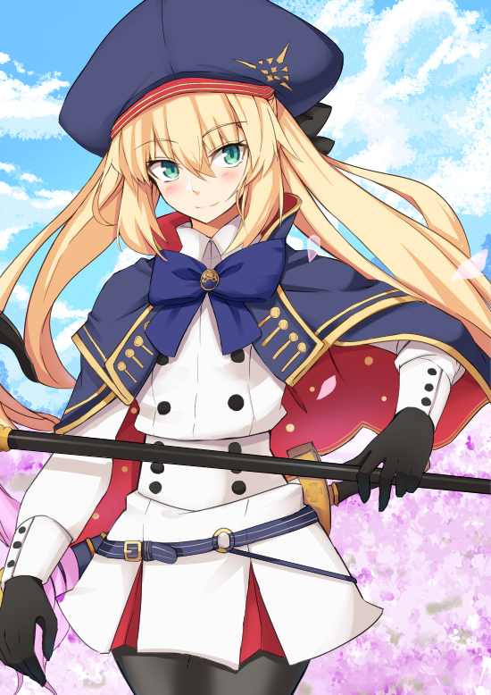 1girl artoria_pendragon_(all) artoria_pendragon_(caster) bangs belt black_gloves black_legwear black_ribbon blonde_hair blue_belt blue_bow blue_capelet blue_headwear blue_sky blush board_game bow breasts capelet closed_mouth clouds cloudy_sky commentary_request cowboy_shot day double-breasted eyebrows_visible_through_hair fate/grand_order fate_(series) gloves go green_eyes hair_ribbon hat holding long_hair long_sleeves looking_at_viewer nahu o-ring_belt outdoors pantyhose ribbon skirt sky smile solo staff striped_belt twintails