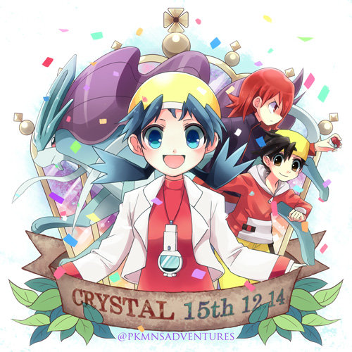 1girl 2boys :d baseball_cap black_hair blue_eyes blue_hair blush brown_eyes closed_mouth commentary_request confetti copyright_name crystal_(pokemon) gen_2_pokemon gold_(pokemon) hat holding holding_poke_ball kokoroko leaf legendary_pokemon long_sleeves looking_at_viewer lowres multiple_boys open_clothes open_mouth poke_ball poke_ball_(basic) pokemon pokemon_(creature) pokemon_(game) pokemon_gsc redhead silver_(pokemon) smile suicune tongue yellow_headwear