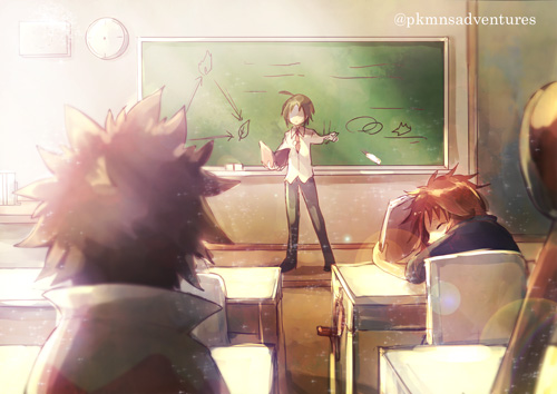 1other 3boys ahoge bag black_hair book brown_hair chair chalkboard cheren_(pokemon) classroom classroom_eraser clock commentary_request desk faceless faceless_male holding holding_book hue_(pokemon) indoors kokoroko kyouhei_(pokemon) lens_flare lowres multiple_boys pants pokemon pokemon_(game) pokemon_bw2 school_chair school_desk shaded_face shirt sleeping spiky_hair standing teacher watermark white_shirt