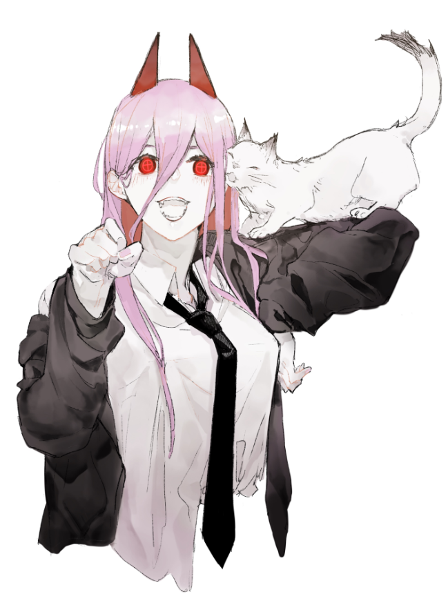 +_+ 1girl :d black_jacket black_neckwear cat chainsaw_man fang fingernails hair_between_eyes hand_up horns jacket long_hair long_sleeves looking_at_viewer nail_polish necktie neko_(ganecooo) open_clothes open_jacket open_mouth paw_pose pink_hair power_(chainsaw_man) red_eyes shirt simple_background smile solo upper_body white_background white_cat white_shirt