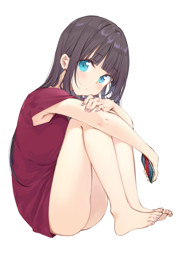 1girl aqua_eyes armpit_peek ass bangs bare_legs barefoot blunt_bangs breasts brown_hair cellphone eyebrows_visible_through_hair full_body head_tilt knees_on_chest large_breasts long_hair looking_at_viewer maigoyaki nail_polish original phone shirt sidelocks simple_background sitting smartphone solo t-shirt white_background