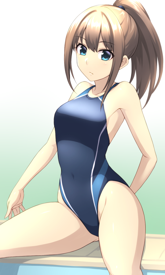 1girl blue_background blue_swimsuit breasts brown_hair collarbone commentary_request competition_swimsuit cowboy_shot gradient gradient_background green_eyes idolmaster idolmaster_cinderella_girls long_hair medium_breasts one-piece_swimsuit pataniito ponytail shibuya_rin sitting solo swimsuit