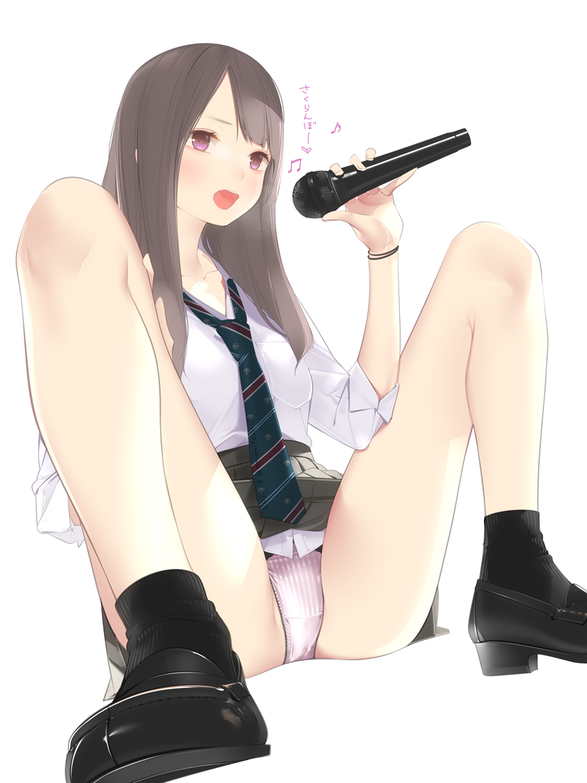 1girl ama_mitsuki black_legwear black_skirt blush brown_hair holding holding_microphone loafers long_hair microphone music necktie open_mouth original panties pantyshot pink_eyes pink_panties pleated_skirt school_uniform shirt shoes singing sitting skirt socks solo spread_legs underwear