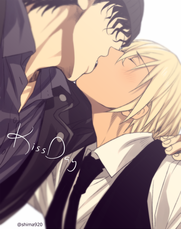 2boys akai_shuuichi amuro_tooru arm_around_neck beanie black_hair black_headwear black_jacket black_neckwear black_shirt black_vest blonde_hair closed_eyes collared_shirt commentary_request dark_skin dark_skinned_male english_text hand_on_another's_shoulder hat jacket kiss kiss_day male_focus mashima_shima meitantei_conan multiple_boys necktie open_clothes open_jacket shirt twitter_username upper_body vest white_shirt yaoi