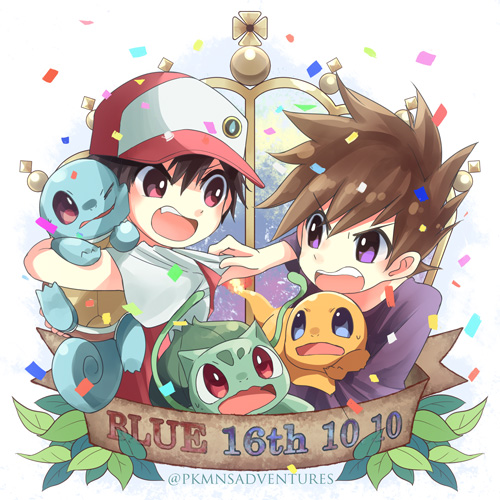 2boys bangs baseball_cap brown_hair bulbasaur charmander commentary_request confetti copyright_name eye_contact fighting fire gen_1_pokemon hat holding holding_pokemon kokoroko leaf looking_at_another lowres multiple_boys ookido_green open_mouth pokemon pokemon_(creature) pokemon_(game) pokemon_rgby purple_shirt red_(pokemon) red_eyes shirt spiky_hair squirtle teeth tongue violet_eyes watermark