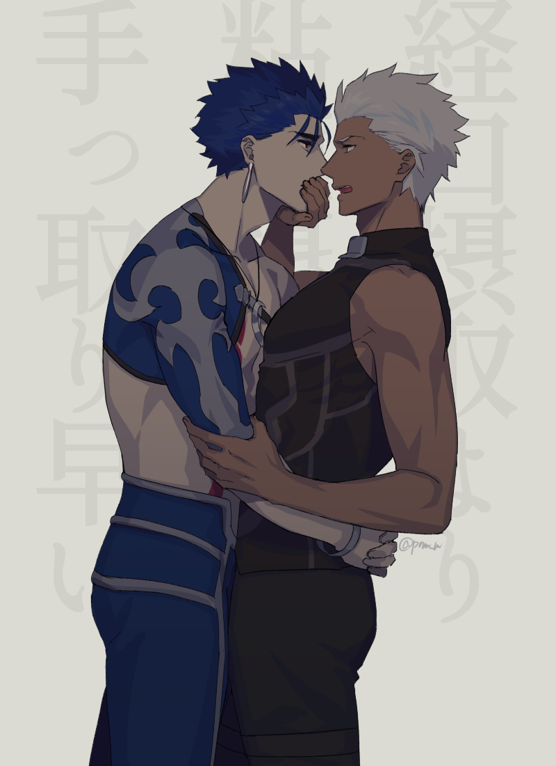 2boys archer blue_hair brown_eyes chest couple covering_mouth cu_chulainn_(fate)_(all) dark_skin dark_skinned_male earrings eye_contact fate/grand_order fate/stay_night fate_(series) hand_over_another's_mouth hikaru_(asteriskring) hug imminent_kiss jewelry lancer looking_at_another male_focus multiple_boys muscle necklace pectorals red_eyes shirtless white_hair yaoi